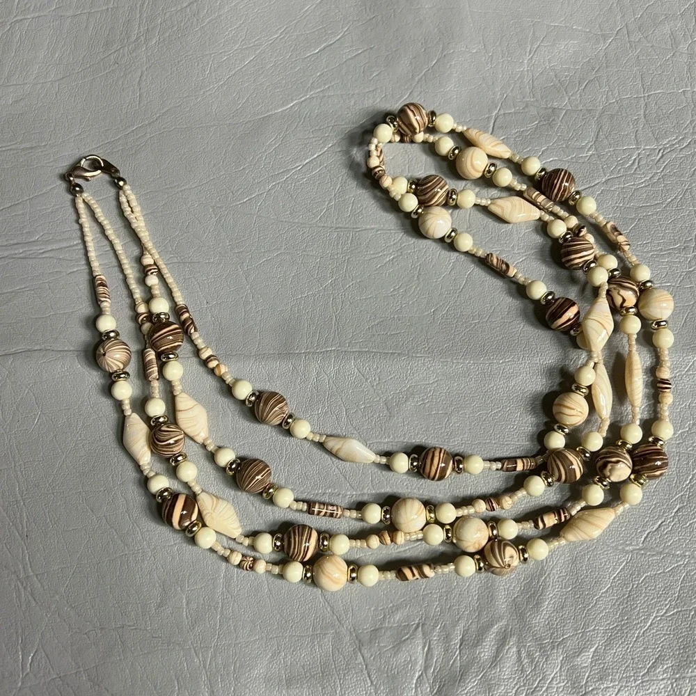 Vintage Cream Brown Necklace‎ Double Strand Marbled Glass Acrylic Beads